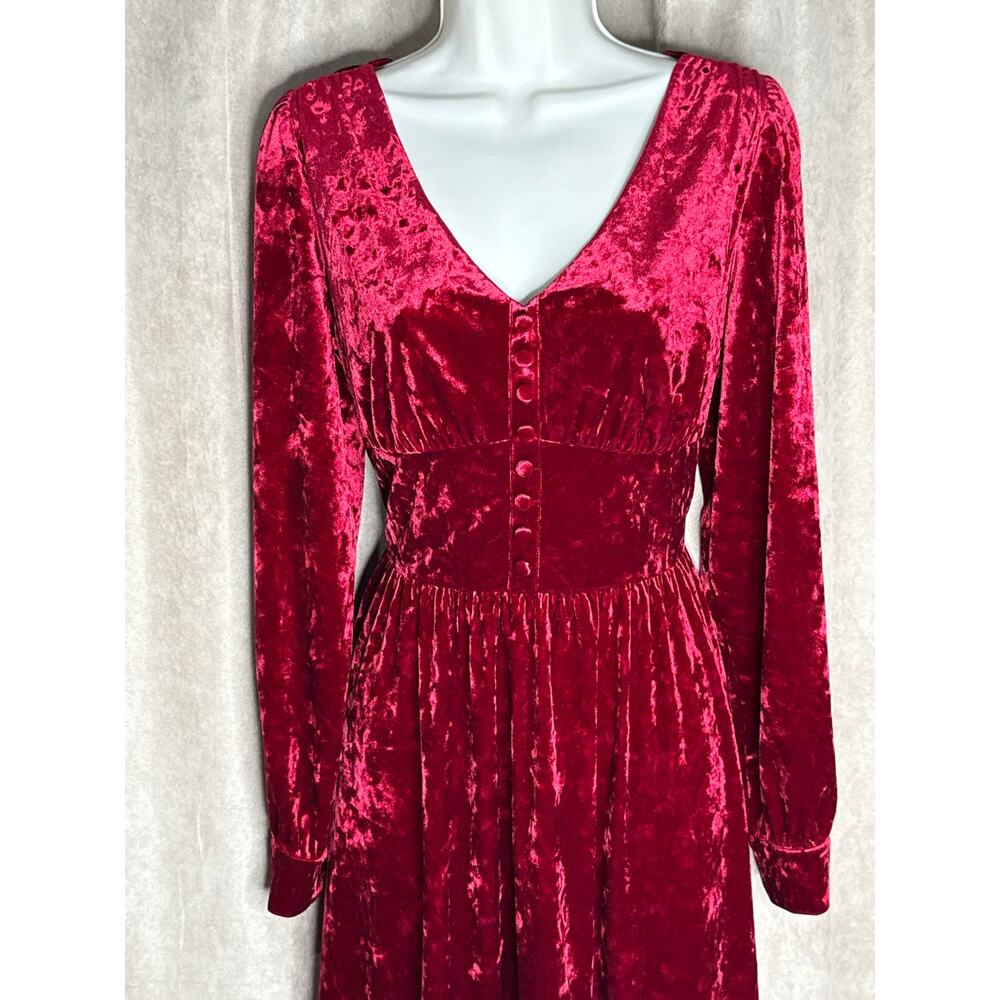Unique Vintage Burgundy Crushed Velvet Long Sleeve Midi Dress L NWOT - Picture 2 of 11